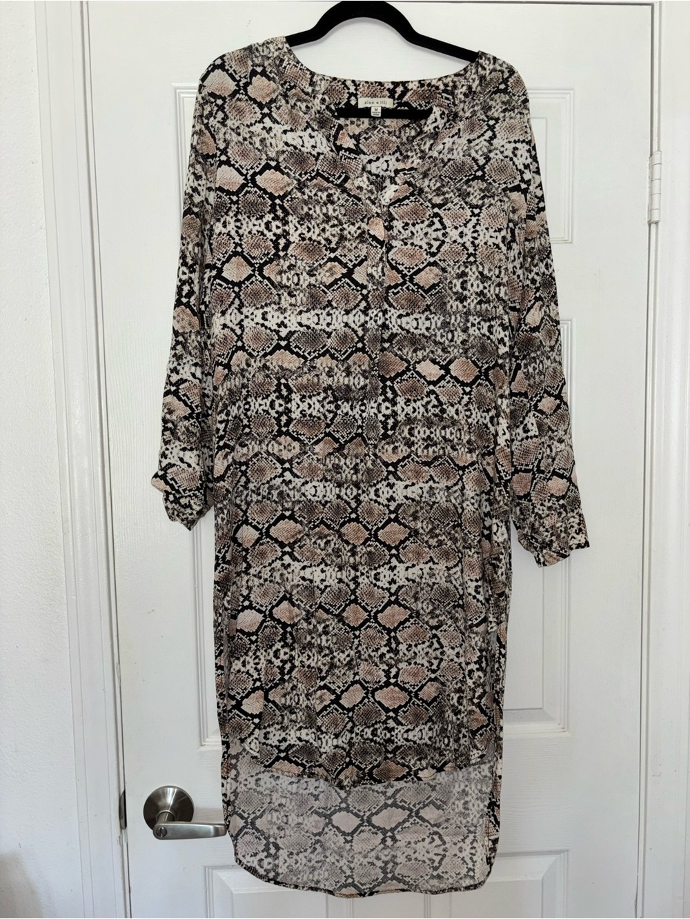 Snake Print Long Sleeve Shift Dress in Beige and Black